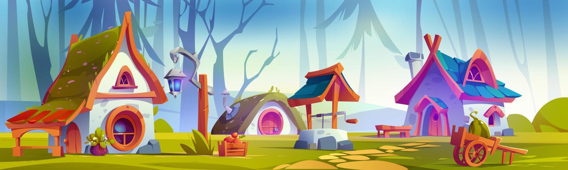 Forest village or valley with fairytale houses vector