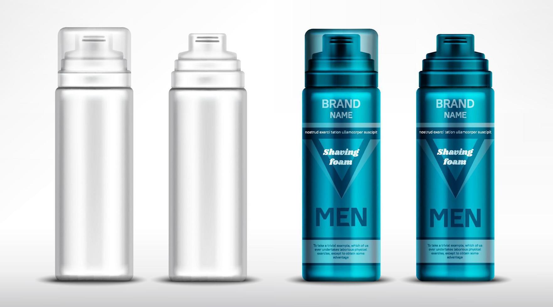 Men shaving foam bottles mockup, cosmetics tubes vector