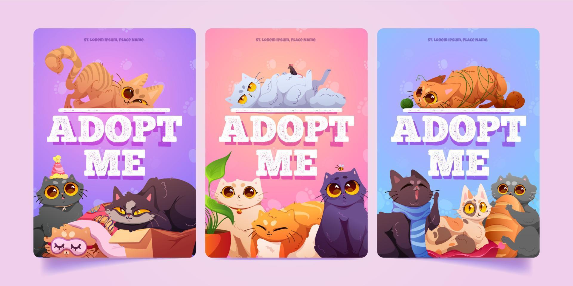 Adopt me posters with cute homeless cats vector