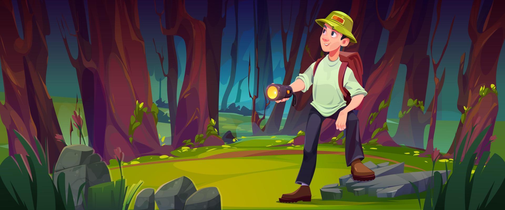 Traveler with flashlight and backpack in forest vector