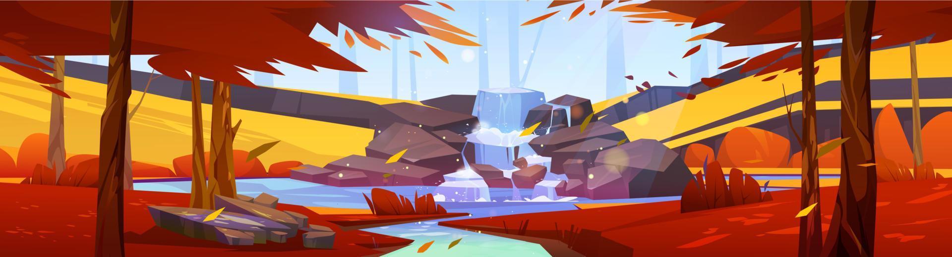 Waterfall in autumn forest, cartoon 2d landscape vector