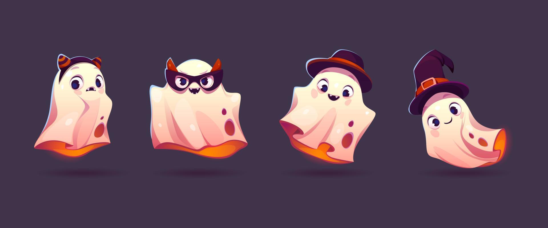 Cute ghosts, cartoon Halloween characters set vector