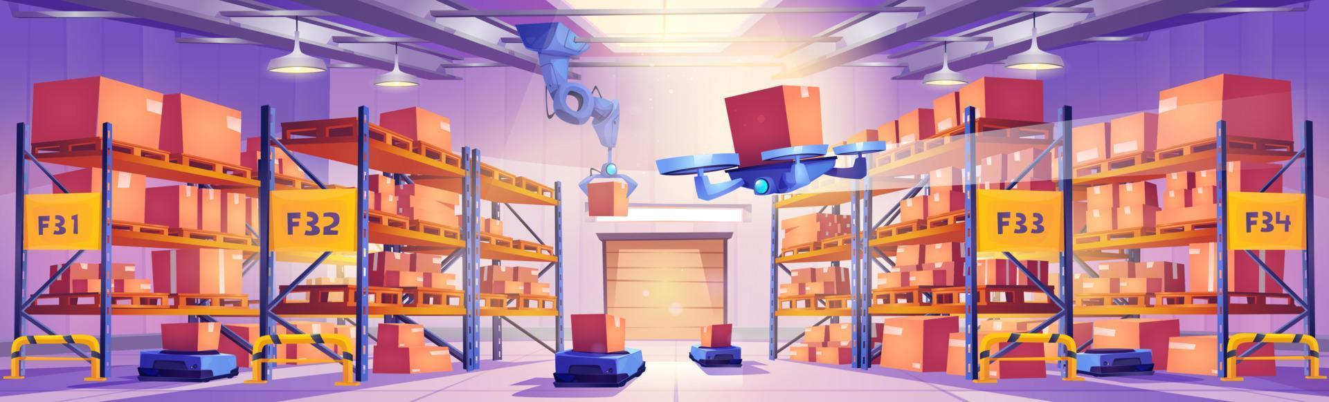 Robots in warehouse interior, automated machines vector