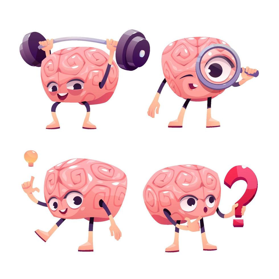 Brain characters, cartoon mascot with funny face vector