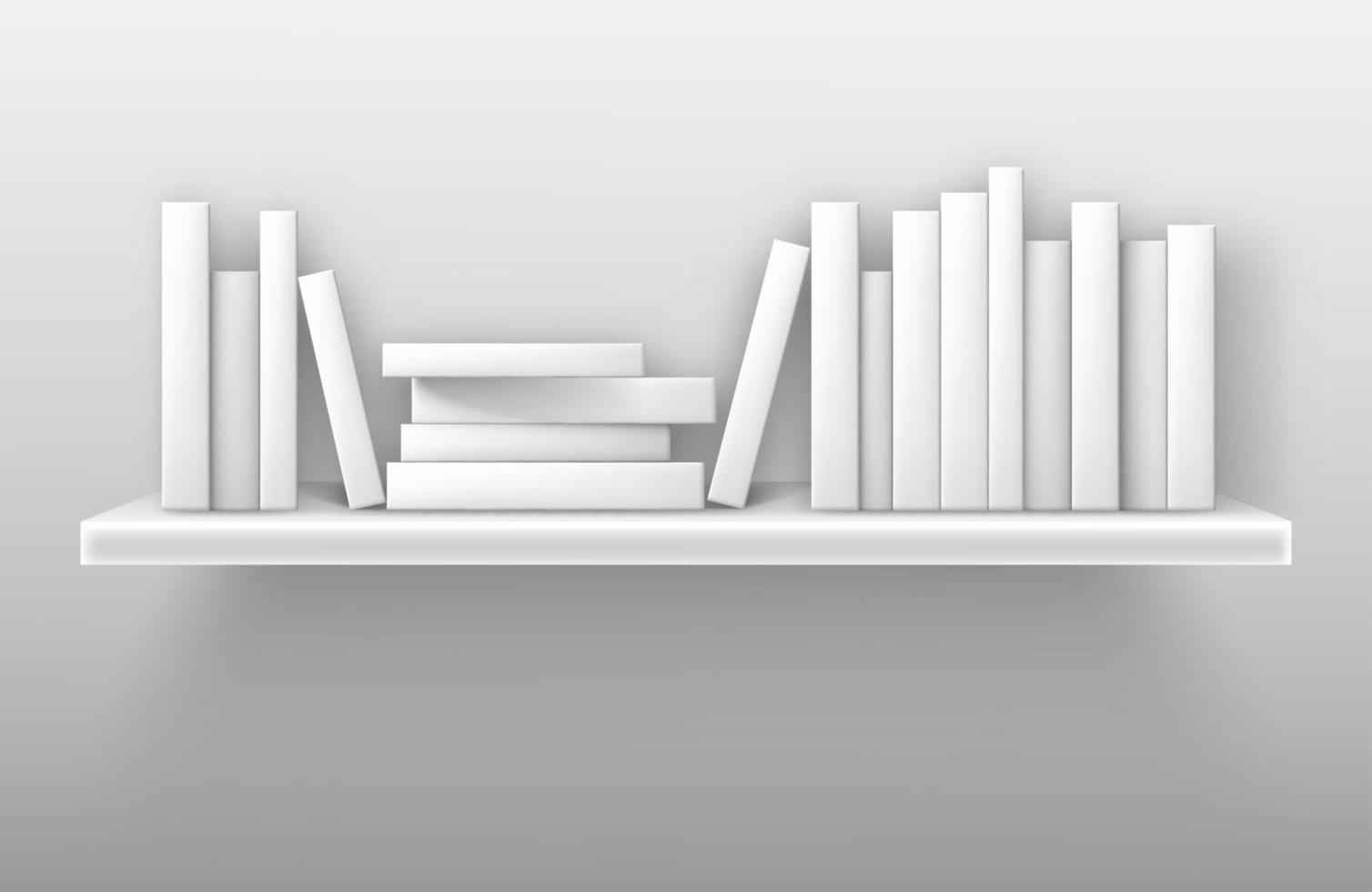 White bookshelf mockup, books on shelf in library vector