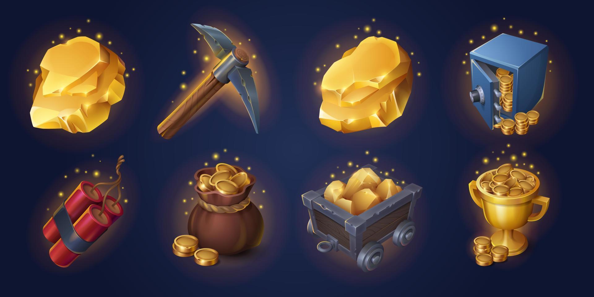 Gold mining game props collection on background vector