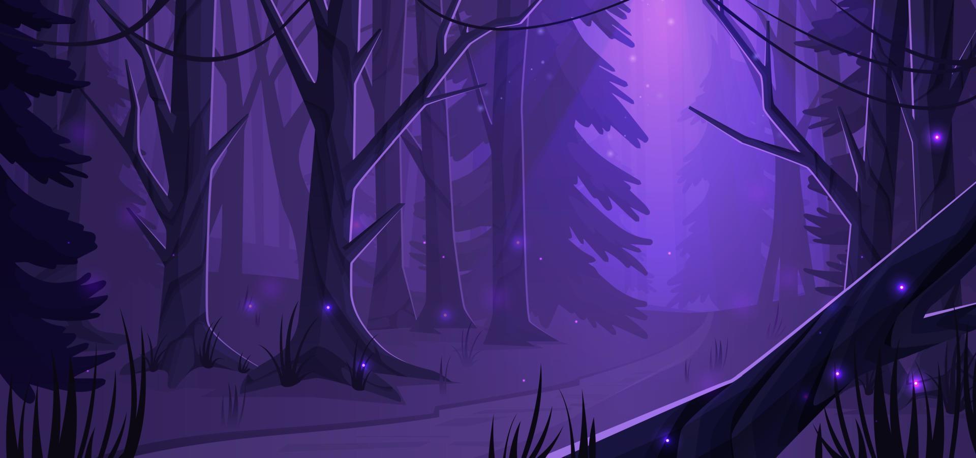 Night forest landscape with trees and road, vector