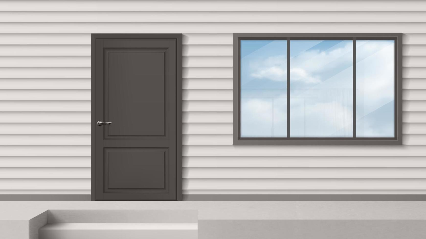 House facade with gray door, window, siding wall vector