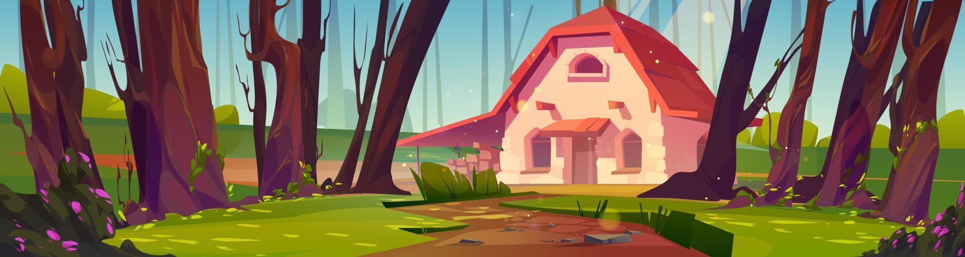 Cottage in forest, stone house with wooden roof vector