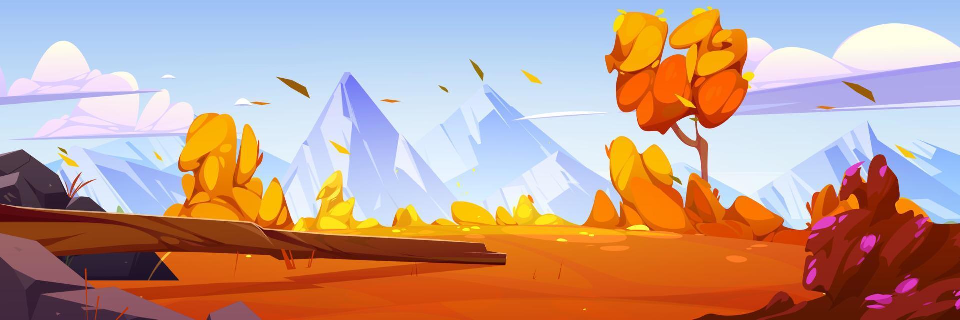 Mountain valley cartoon autumn landscape, nature vector