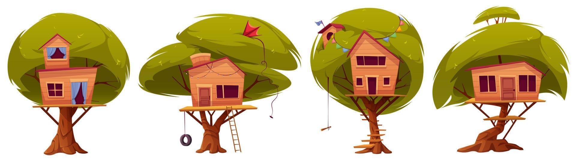 Tree house, cartoon hut for children games set vector