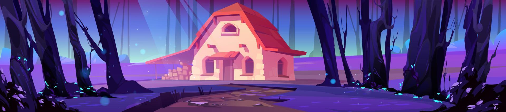 casa de campo en el bosque nocturno, escena del juego 2d de la casa de piedra vector
