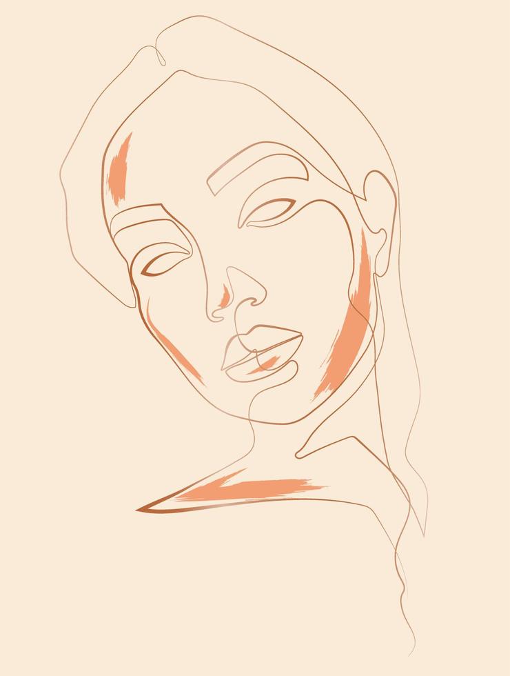 Abstract portrait of a girl from a continuous line with orange accents on her face. Illustration for logo, design, decor vector
