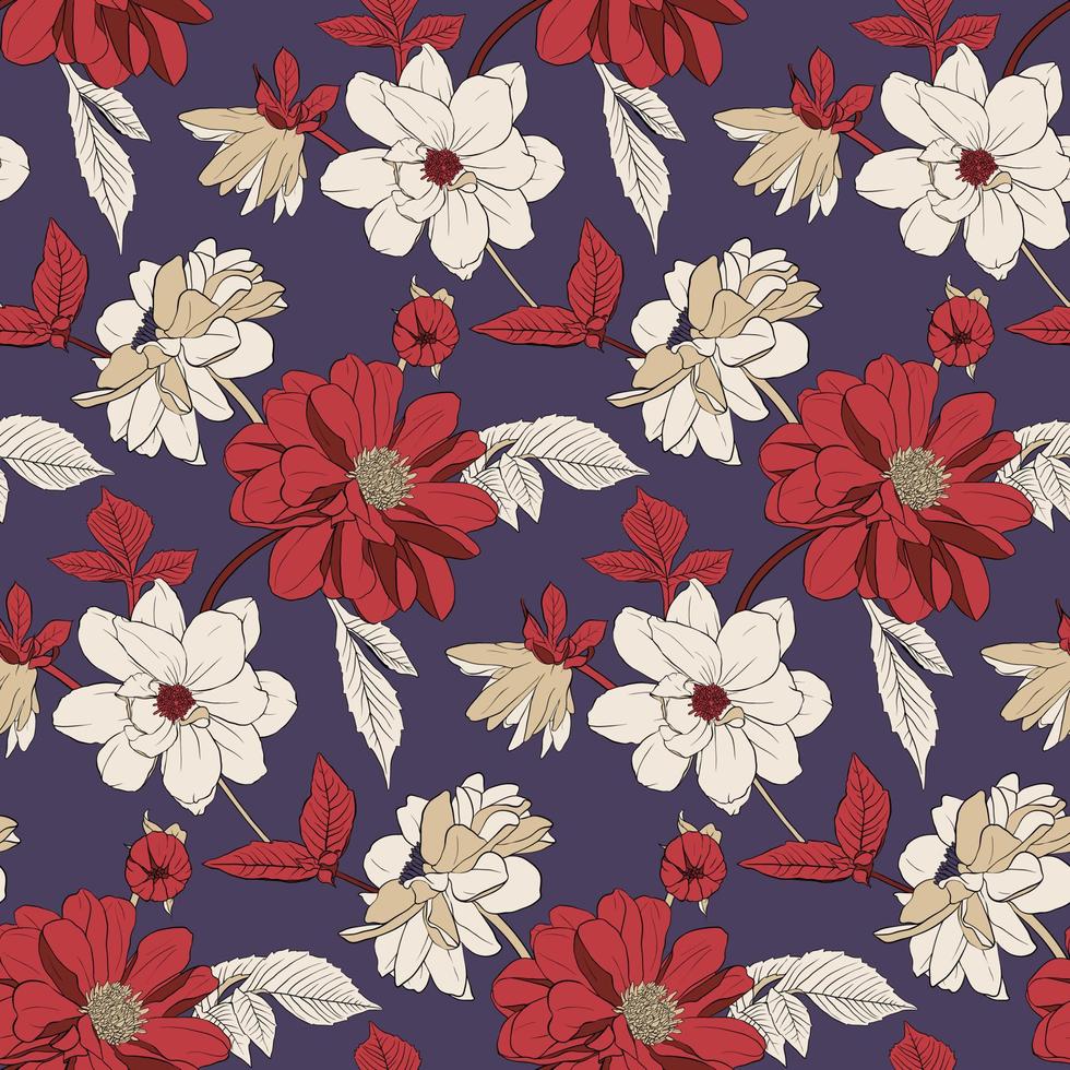 Vector illustration - burgundy, red, beige flowers, leaves and buds on a dark purple background. Seamless pattern for textile, decor, fabric, greeting cards, paper, etc.