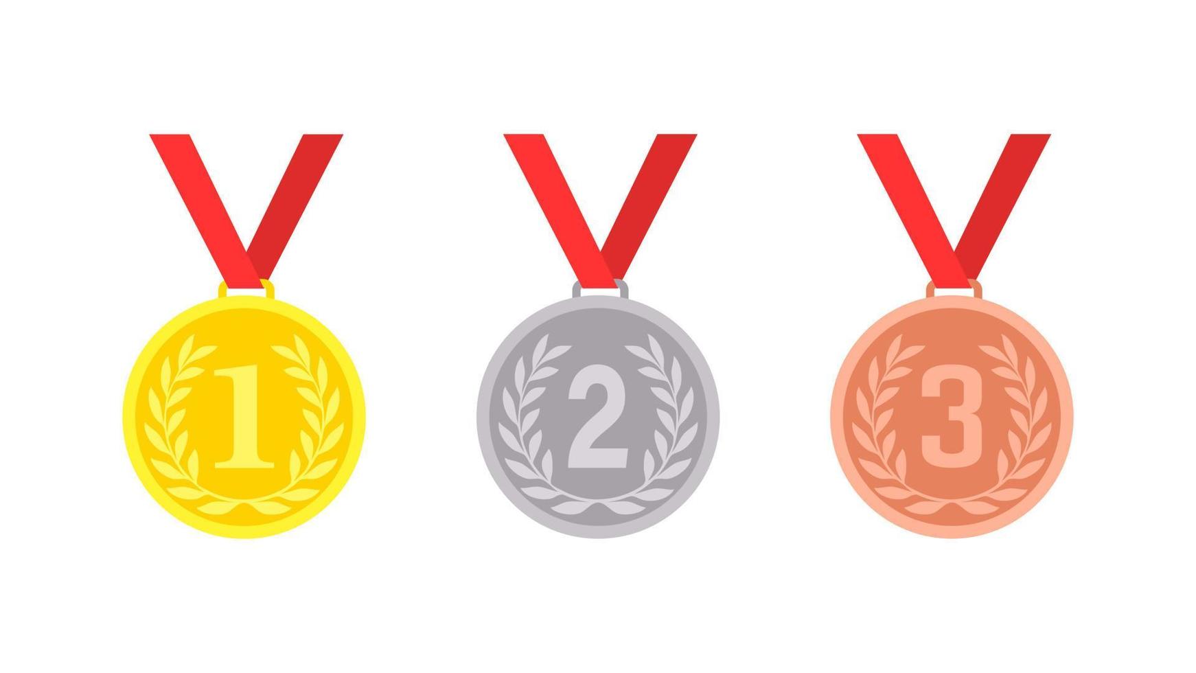 Award gold silver and bronze medal template. Prize for winner of competition on red and purple ribbon with laurel wreath. Game vector achievement champions