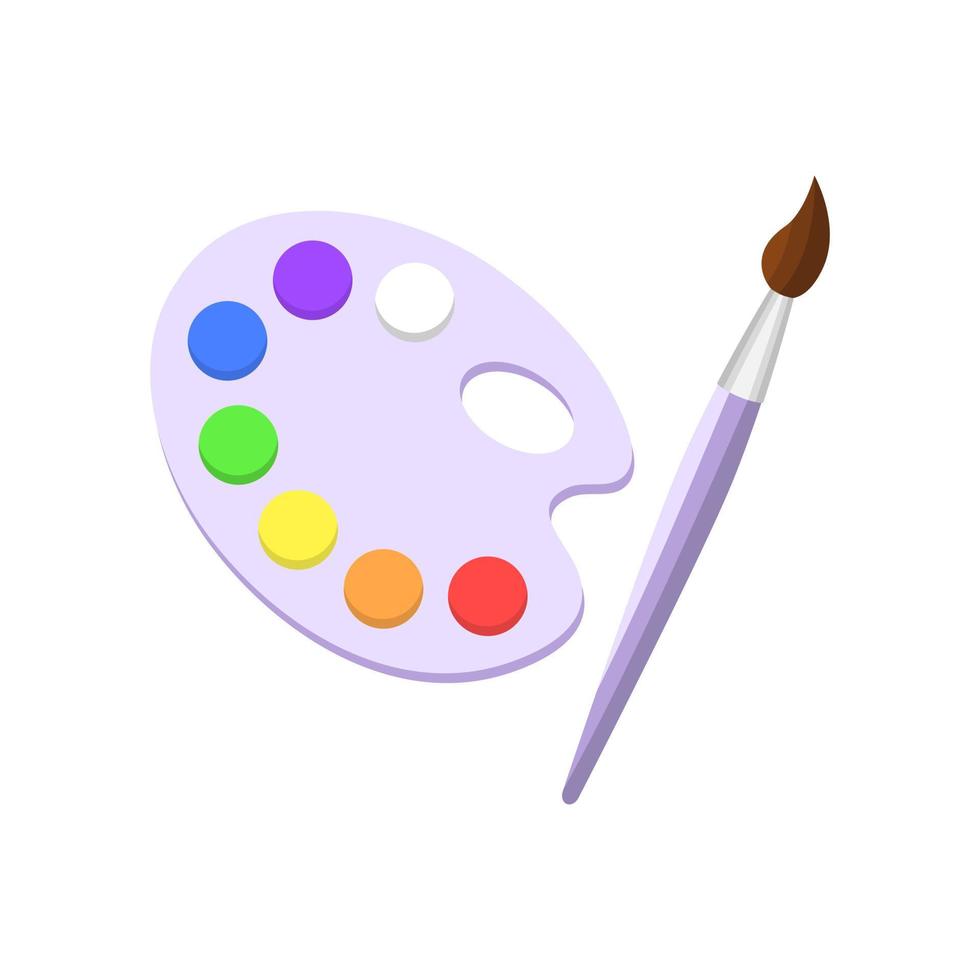 Palette with brush and colored paints. Oval drawing board for artist with paints and hole for hand. Tool for creative sketches and vector paintings