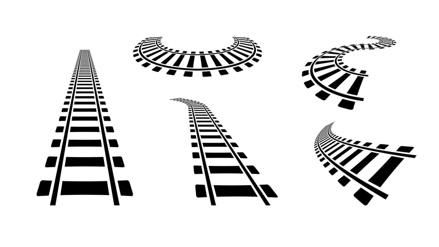 conjunto de ferrocarriles. camino negro ondulado y recto hecho de líneas de acero con giros y círculos para viajar en tren y locomotora vectorial vector