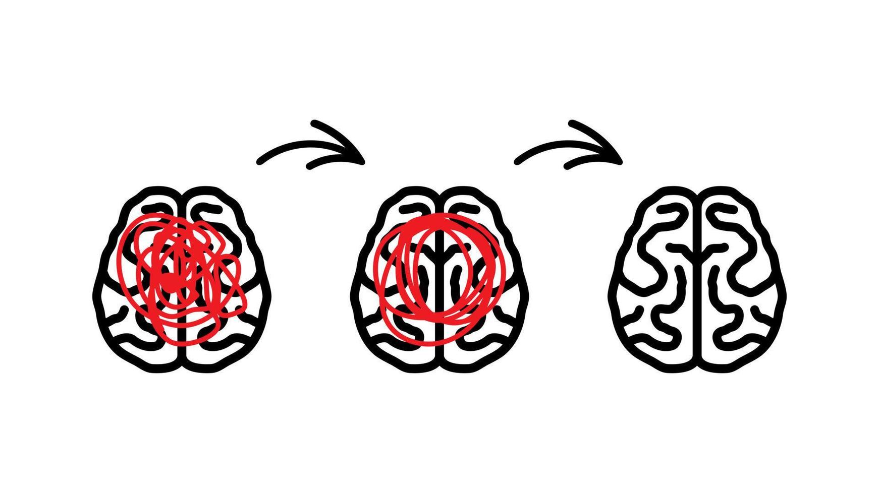 Process of solving psychological problems concept. Gradual elimination of tangle of red lines of depression and neurosis from brain for psychoanalysis and vector psychotherapy