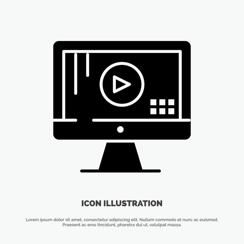 Computer Monitor Play Music Solid Black Glyph Icon vector
