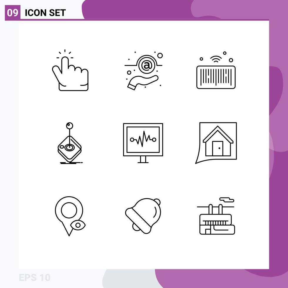 Modern Set of 9 Outlines Pictograph of heartbeat joystick barcode gaming arcade Editable Vector Design Elements