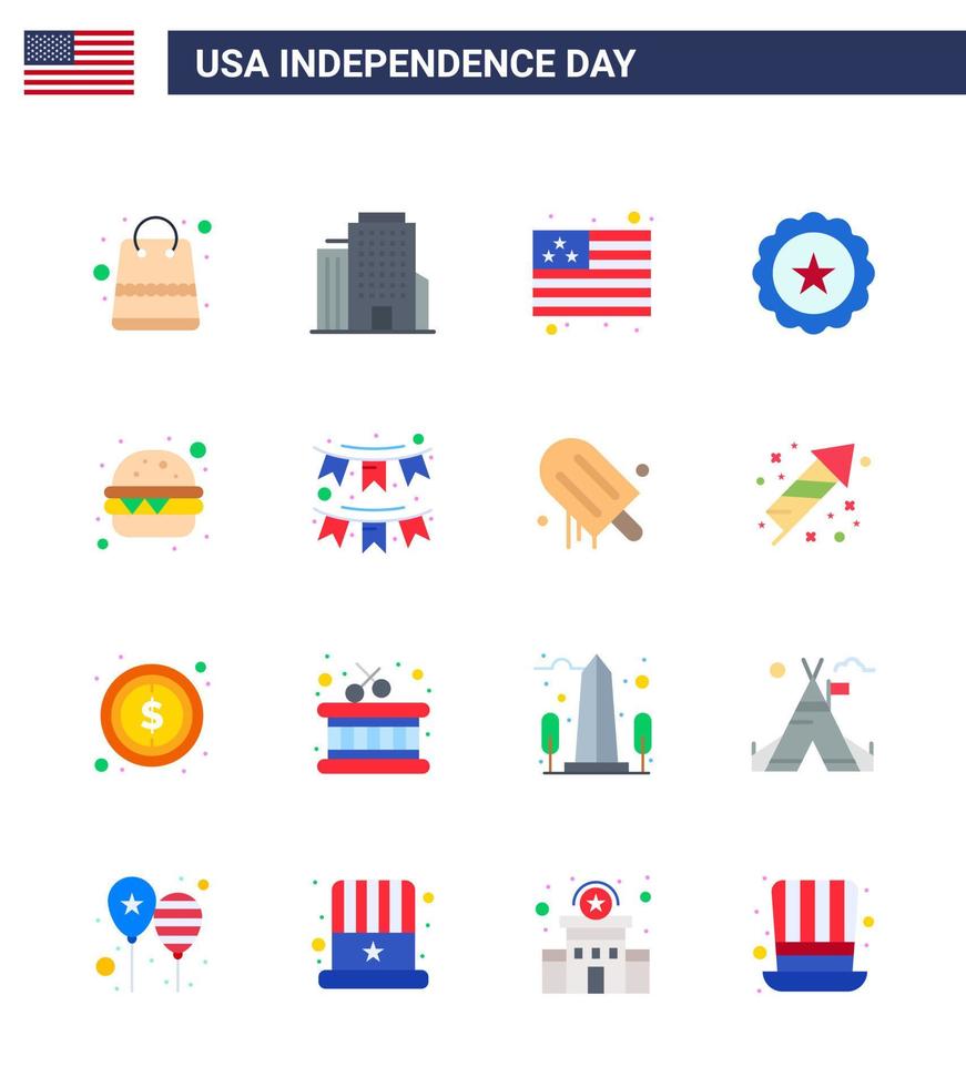 feliz día de la independencia paquete de iconos de 16 pisos para web e impresión bandera de comida rápida americana signo de hamburguesa elementos de diseño de vector de día de estados unidos editables