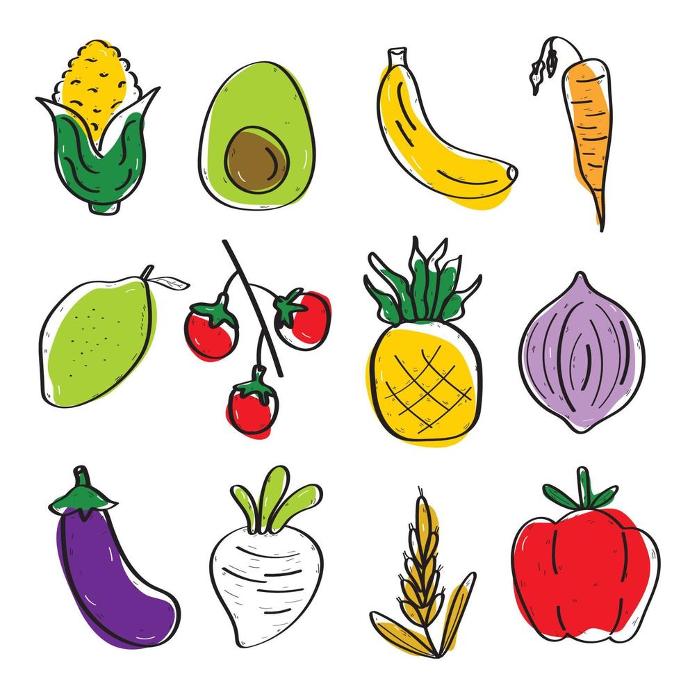 vector. conjunto de iconos verduras, frutas, dibujado a mano. fondo aislado vector
