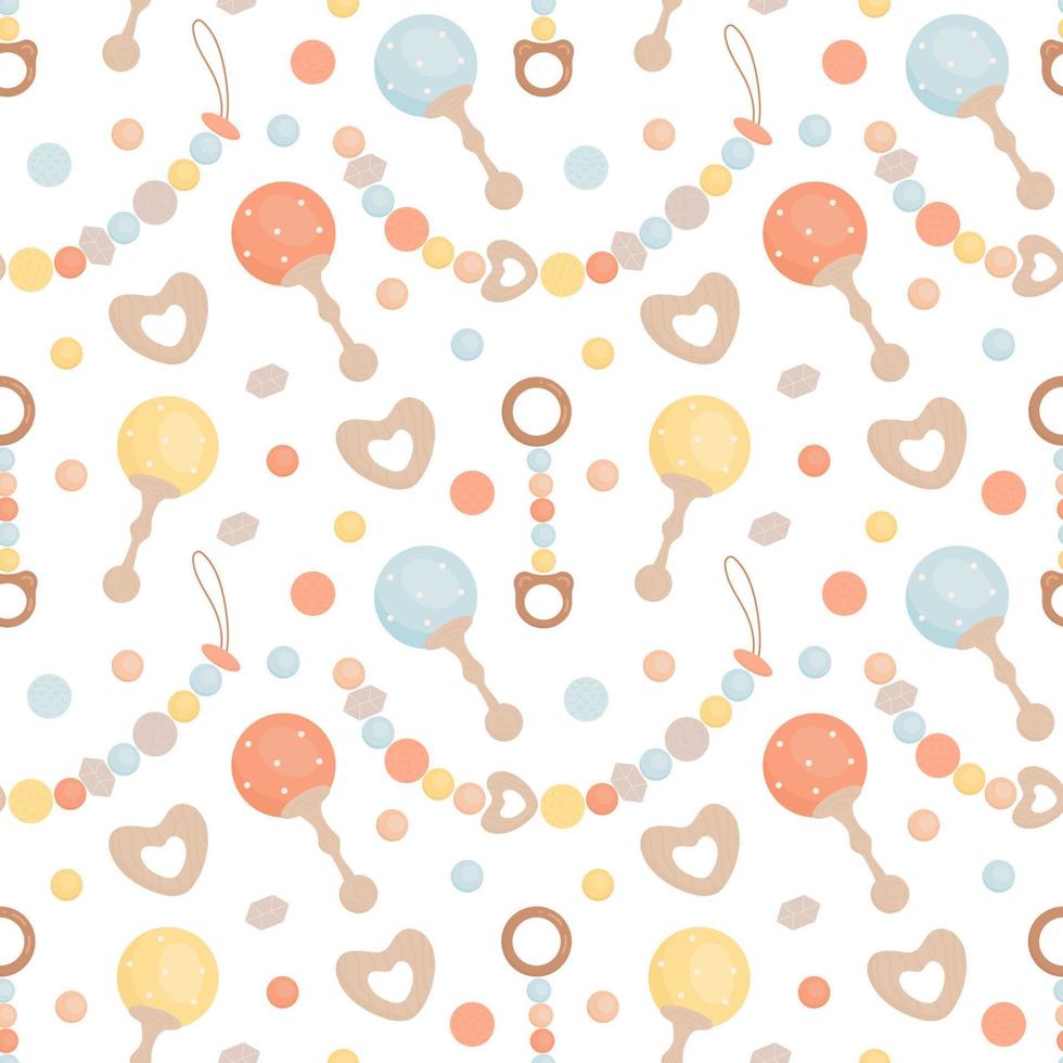 Cute pattern of boho baby toys in Scandinavian style. Background design for fashion fabrics, textile graphics, prints, wrapping paper. Newborn essentials collection in boho style. Vector illustration