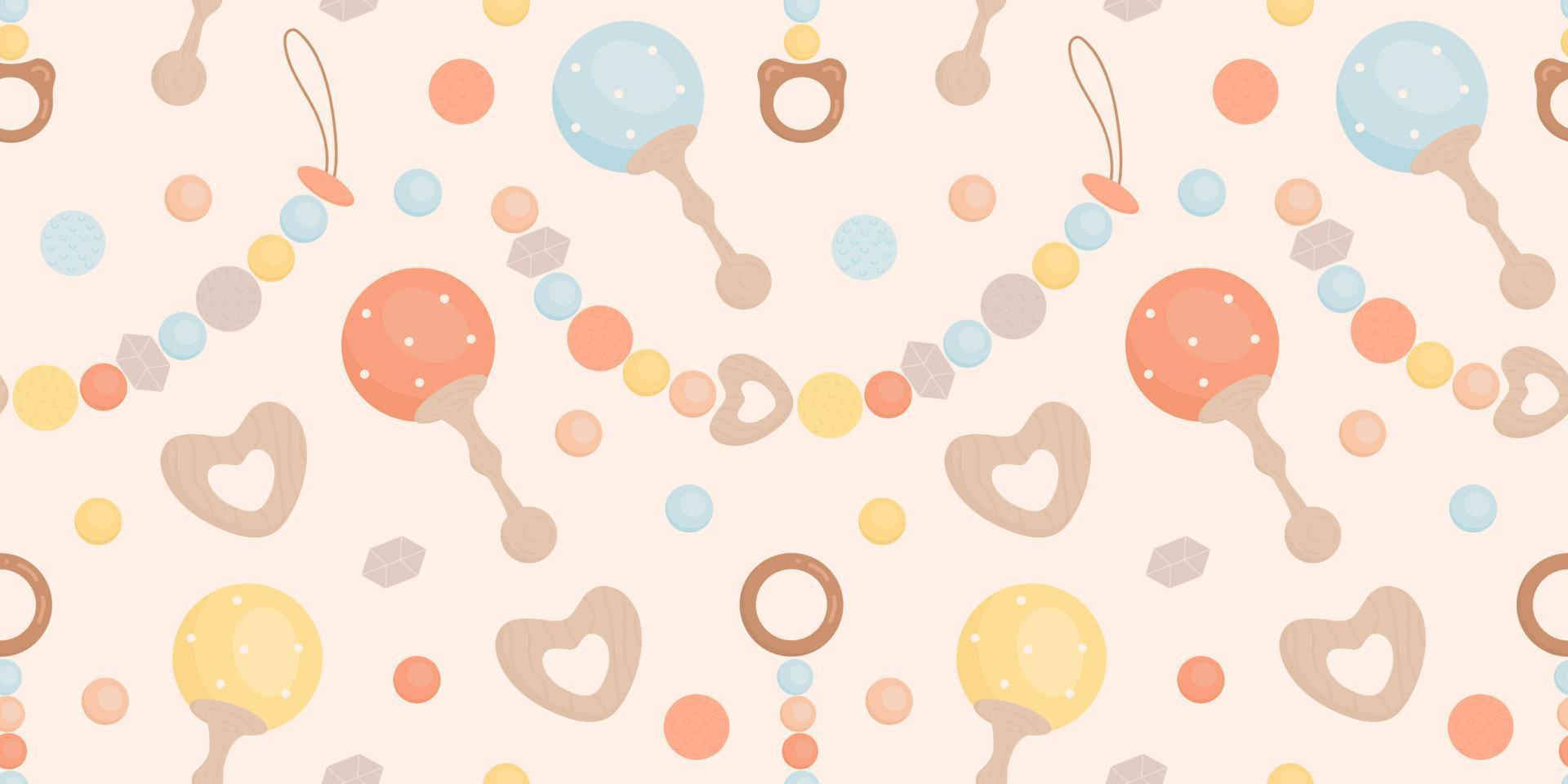 Cute pattern of boho baby toys in Scandinavian style. Background design for fashion fabrics, textile graphics, prints, wrapping paper. Newborn essentials collection in boho style. Vector illustration