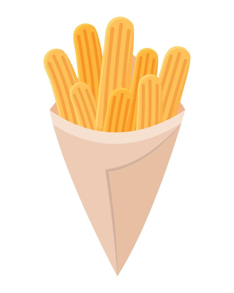 Churros in paper wrap. Traditional Mexican cuisine. Vector illustration.