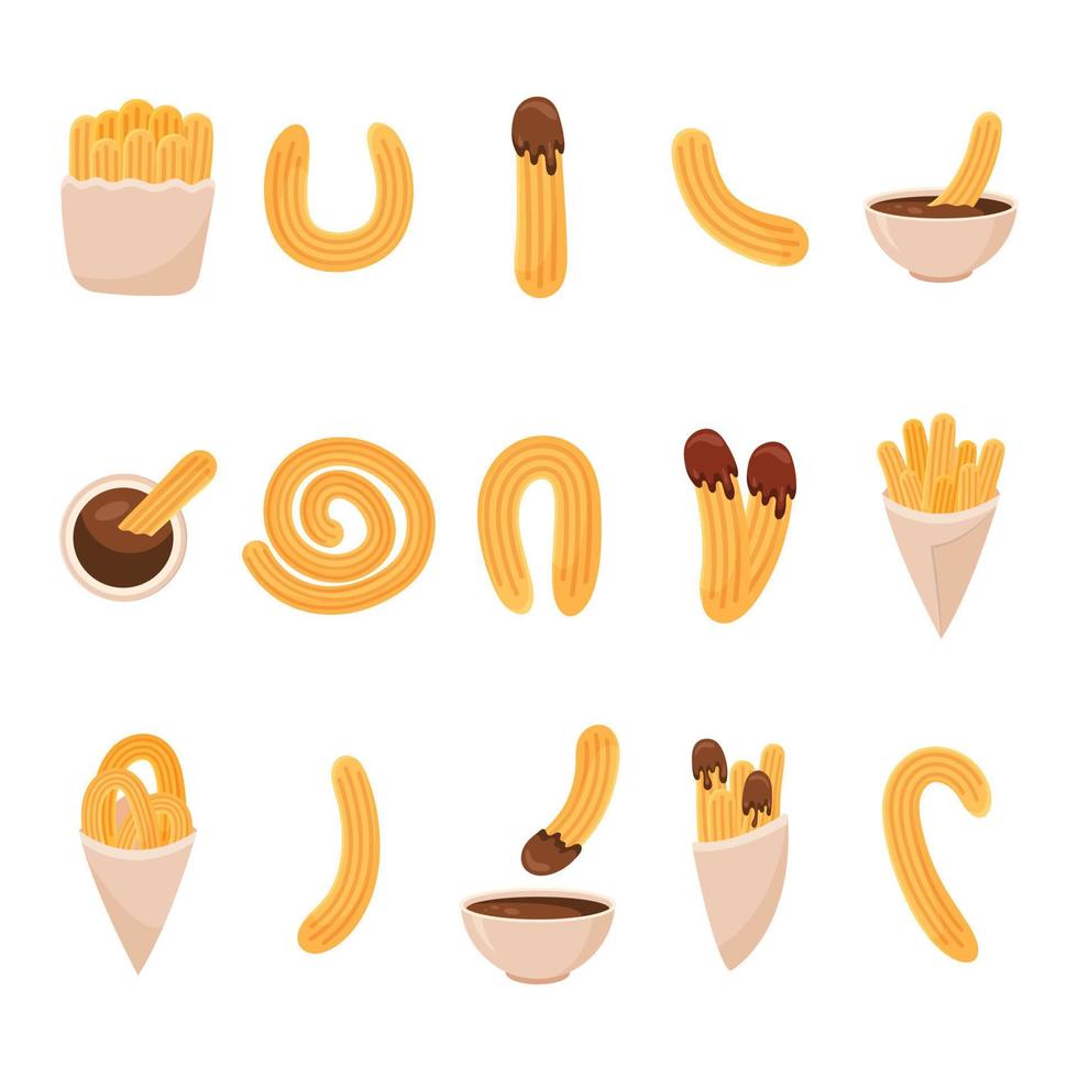 Set churros with chocolate sauce. Mexican snack. Vector illustration.