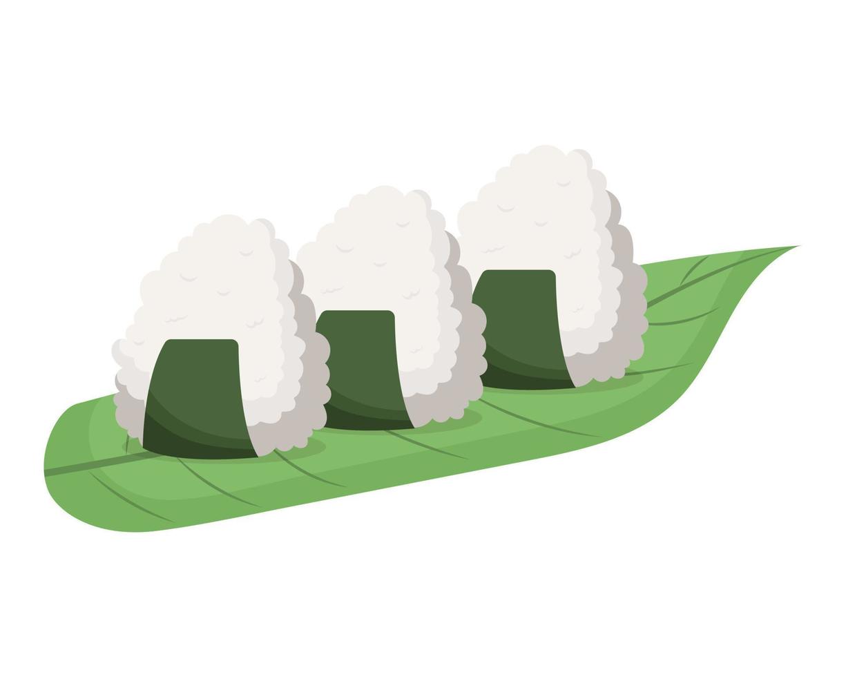 Onigiri rice balls on a bamboo sheet. Vector illustration.