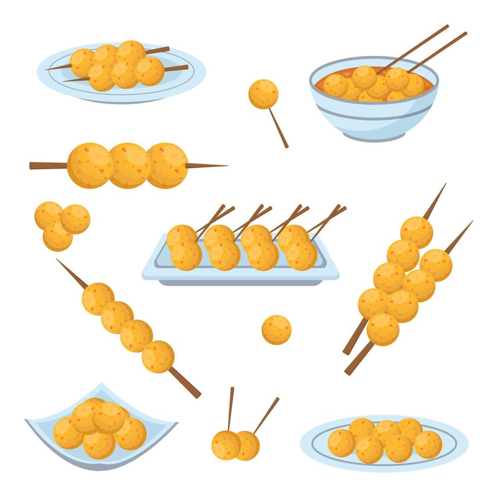 bolas de pescado. comida callejera de hong kong. juego de comida callejera asiática. ilustración vectorial vector