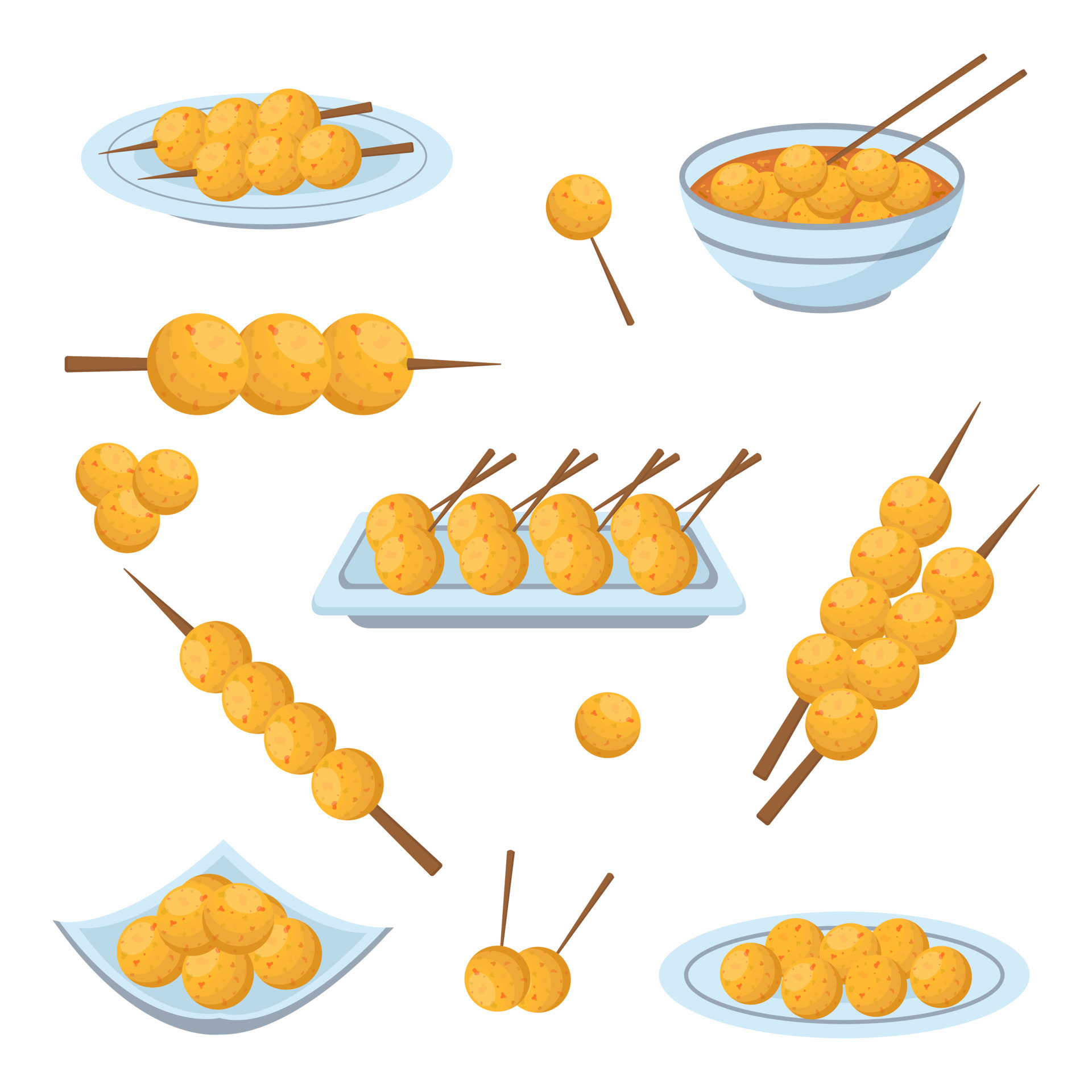 Fish balls. Hong Kong street food. Asian street food set. Vector
