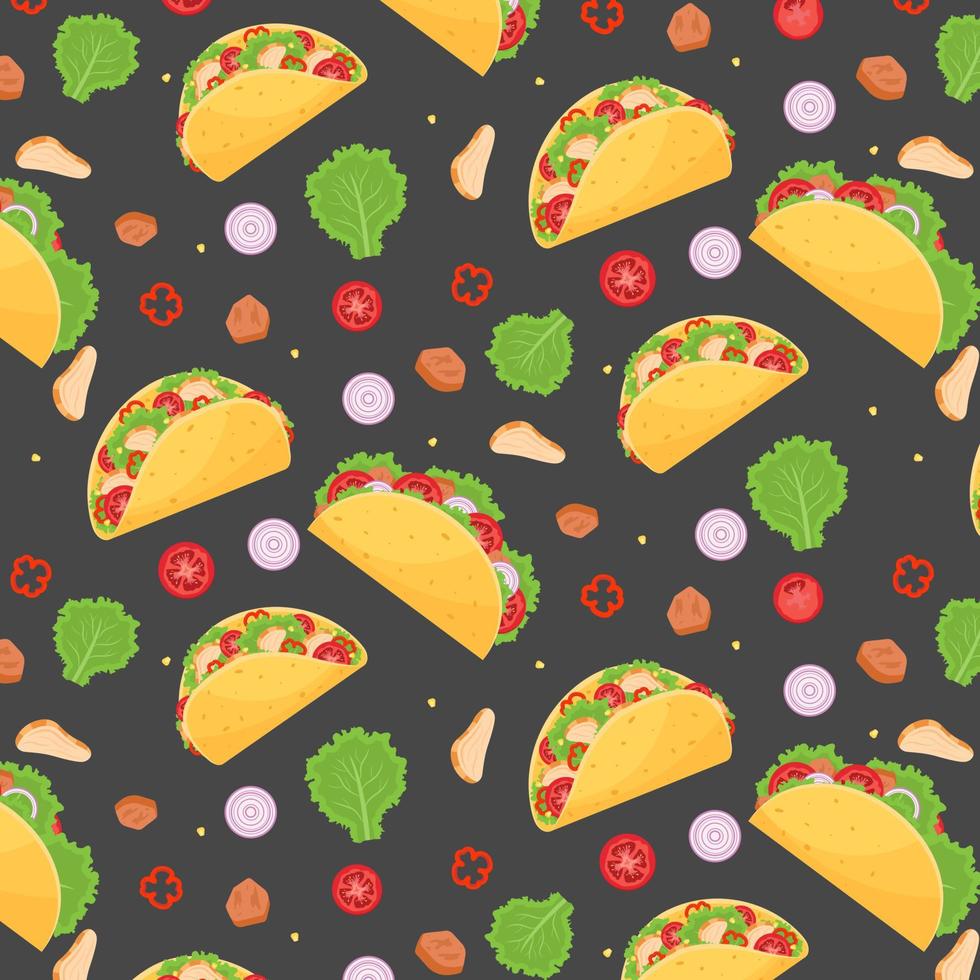 Tacos with meat and vegetables pattern. Traditional Mexican fast food. Vector illustration.