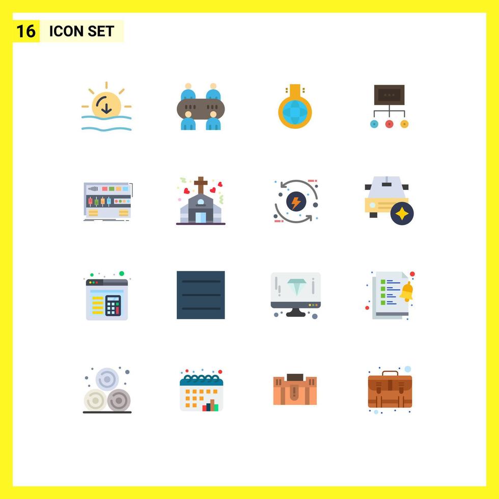 conjunto moderno de 16 colores planos y símbolos, como gestión de planes, gráfico de matraz, paquete editable de negocios de elementos de diseño de vectores creativos