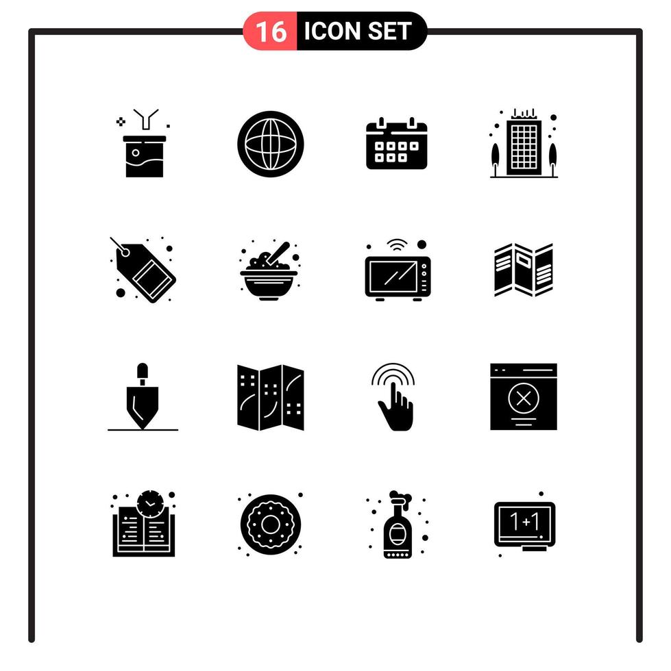 Group of 16 Modern Solid Glyphs Set for office building help holidays time Editable Vector Design Elements