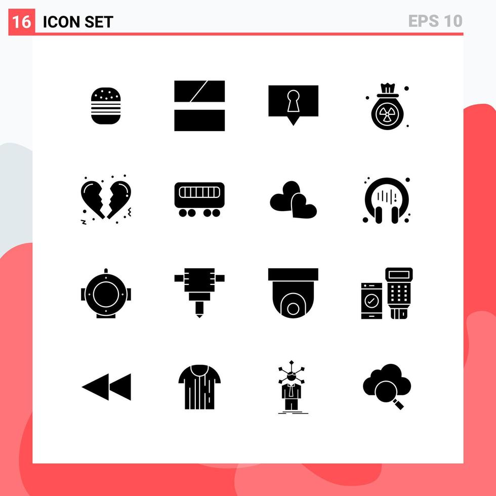 Solid Glyph Pack of 16 Universal Symbols of love broken bubble waste pollution Editable Vector Design Elements