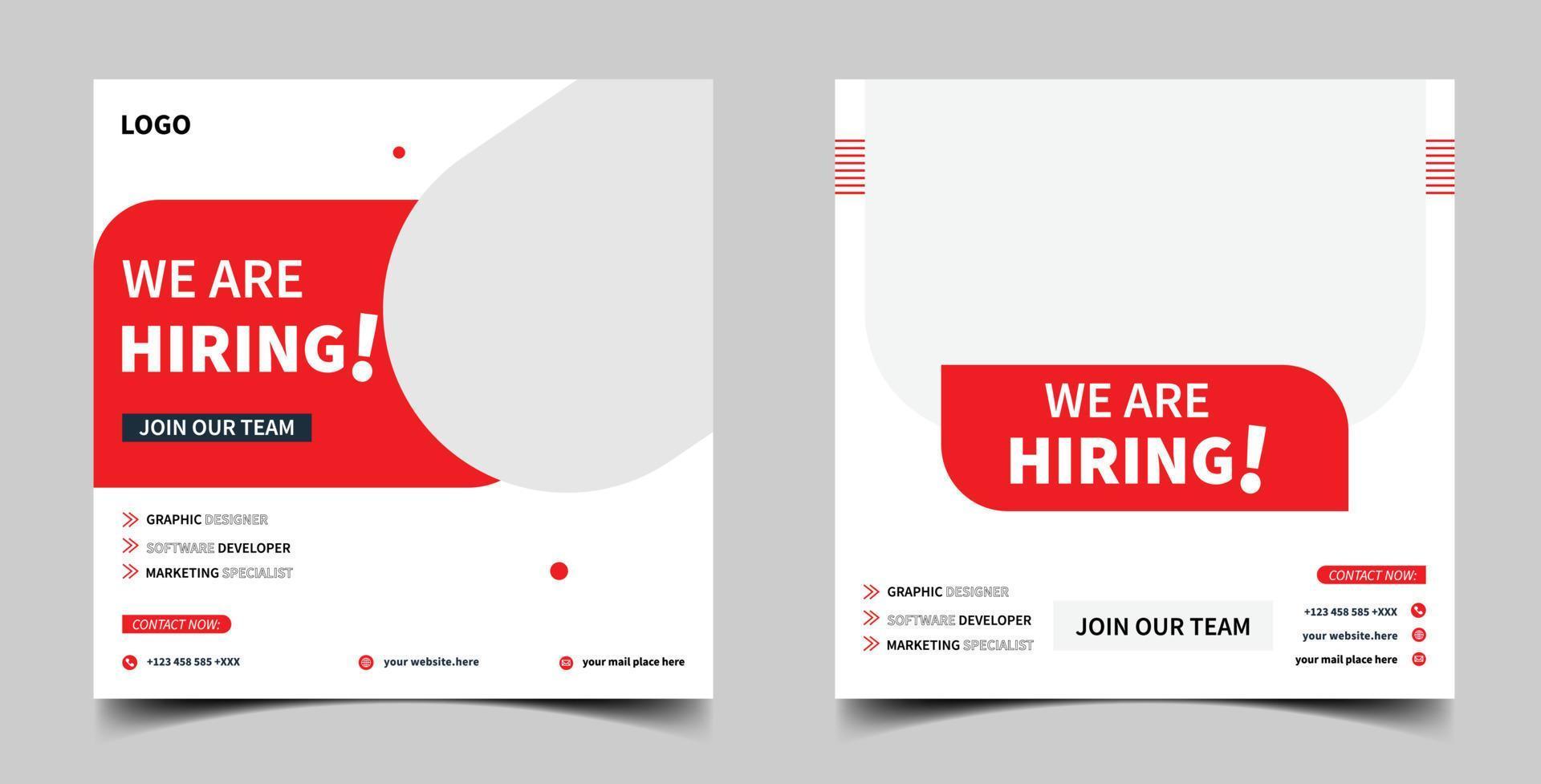 estamos contratando plantilla de diseño de banner de publicación de redes sociales de vacante de trabajo con color rojo. estamos contratando diseño de banner web cuadrado de vacante de trabajo. vector