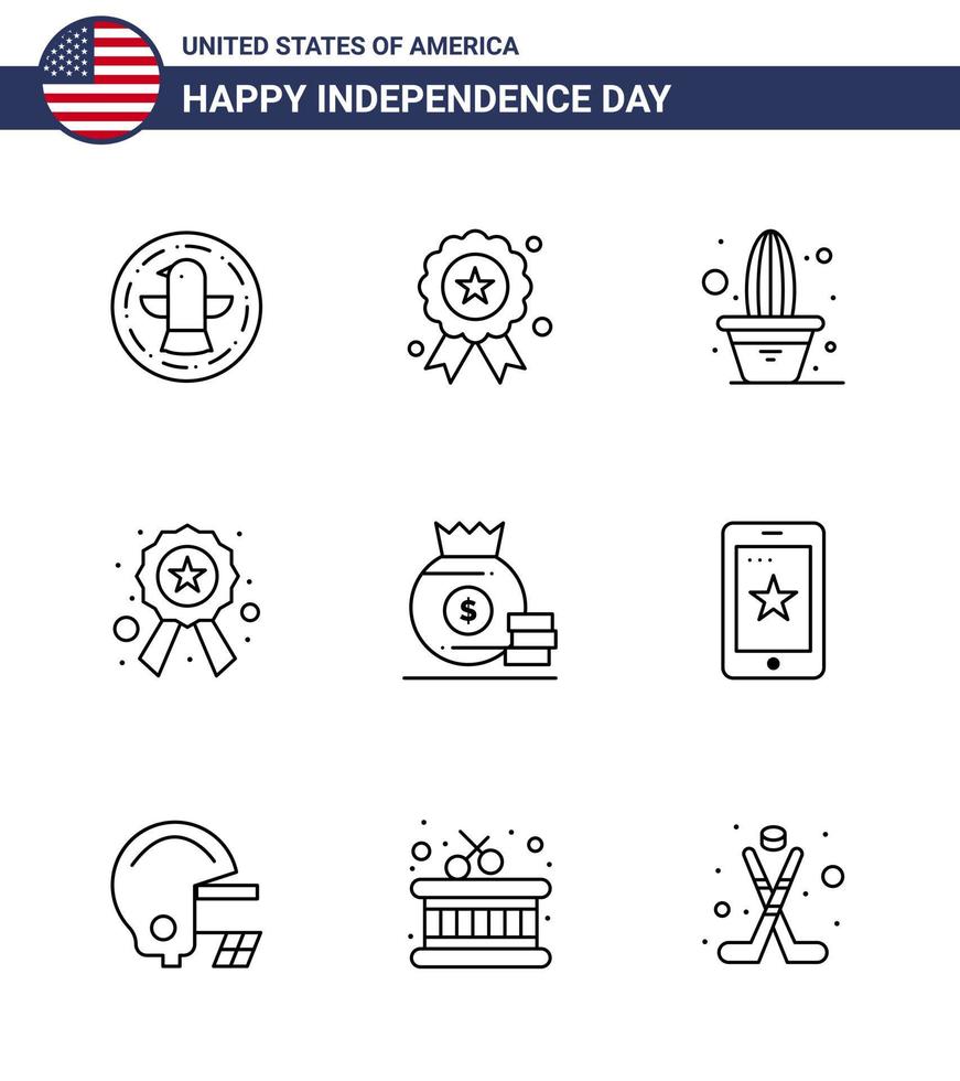 Happy Independence Day 4th July Set of 9 Lines American Pictograph of bag sign cactus star badge Editable USA Day Vector Design Elements