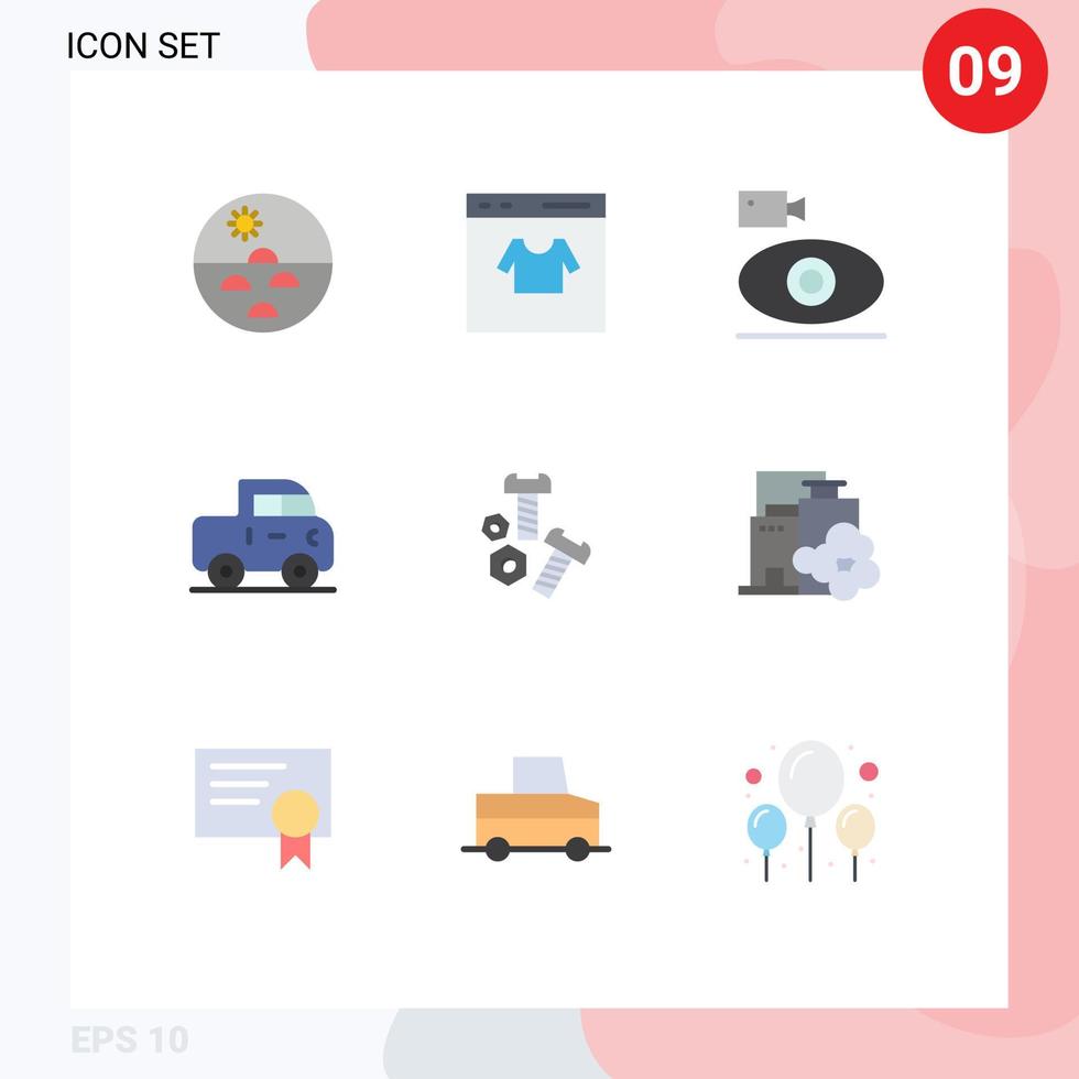 Pack of 9 creative Flat Colors of pickup car shop media camera Editable Vector Design Elements