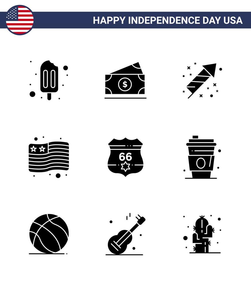 feliz día de la independencia 9 paquete de iconos de glifos sólidos para web e impresión escudo de seguridad festividad bandera americana elementos de diseño vectorial editables del día de estados unidos vector