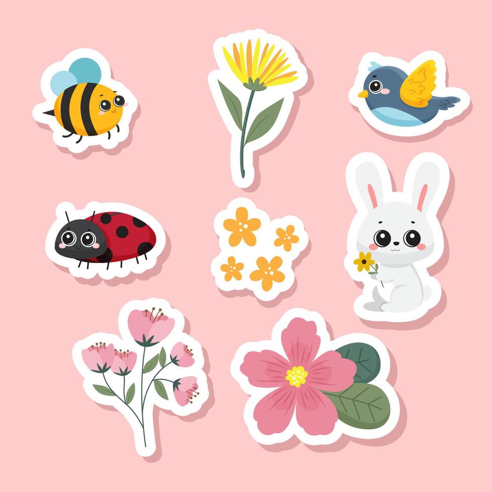 Cute Nature Spring Animal and Flower Sticker vector