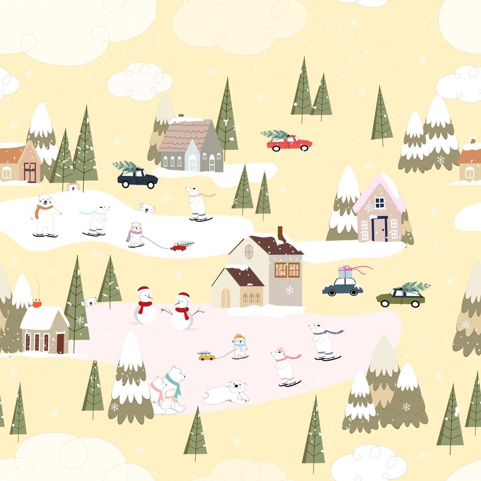 paisaje invernal lindo de patrones sin fisuras en la ciudad con casa, oso polar jugando patinaje sobre hielo y pino en el día de navidad, diseño sin fin de panorama vectorial en el pueblo en la víspera de año nuevo, fondo de vacaciones vector