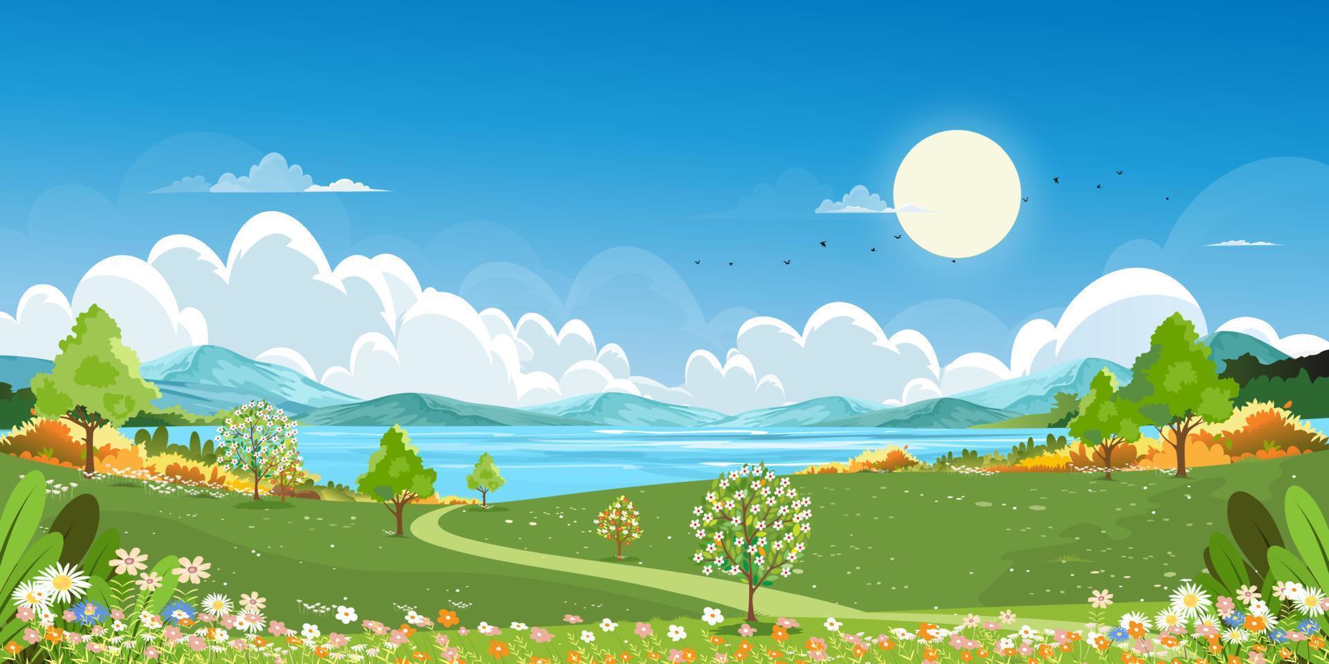 paisaje rural de primavera junto al lago con pradera de campo verde en colinas, nubes y cielo azul, horizonte de dibujos animados vectoriales naturaleza día soleado verano, campo panorámico adiós río con montaña, flor floreciendo vector