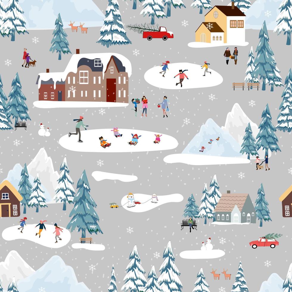 Seamless pattern Cute Christmas landscape in the town with fairy tale house,car,polar bear playing ice skate and pine tree,Vector Panorama flat design in village on Christmas eve, Holiday background vector