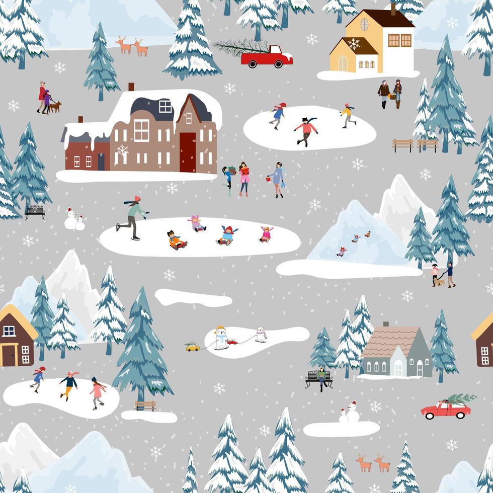 lindo paisaje navideño de patrones sin fisuras en la ciudad con casa de cuento de hadas, camión, oso polar jugando patinaje sobre hielo y pino, diseño plano vectorial panorámico en el pueblo en nochebuena, fondo de vacaciones vector