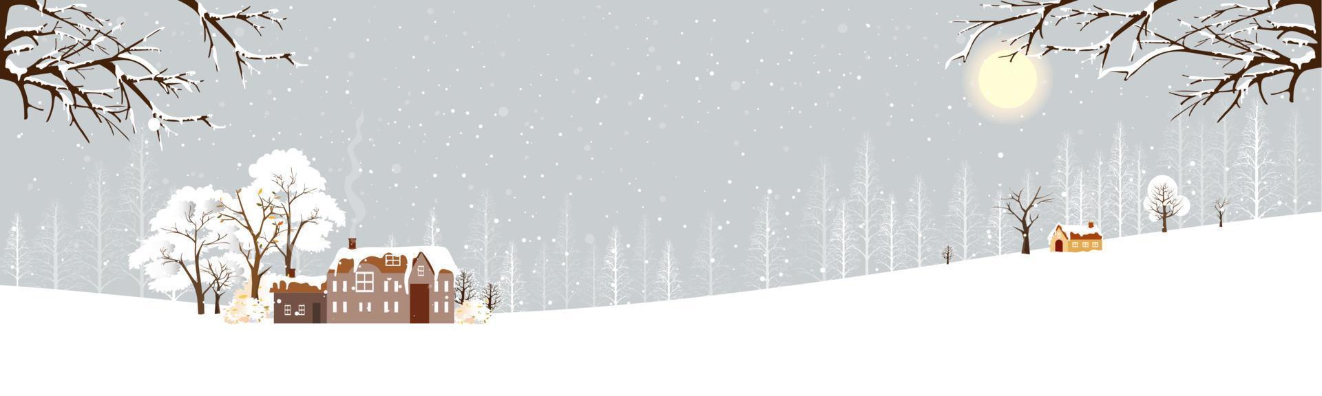 Winter landscape with snowing covring,Vector illustration  wonderland farm house in village with forest pine tree and branches without leaves.Horizontal banner for Christmas holiday or New year 2022 vector