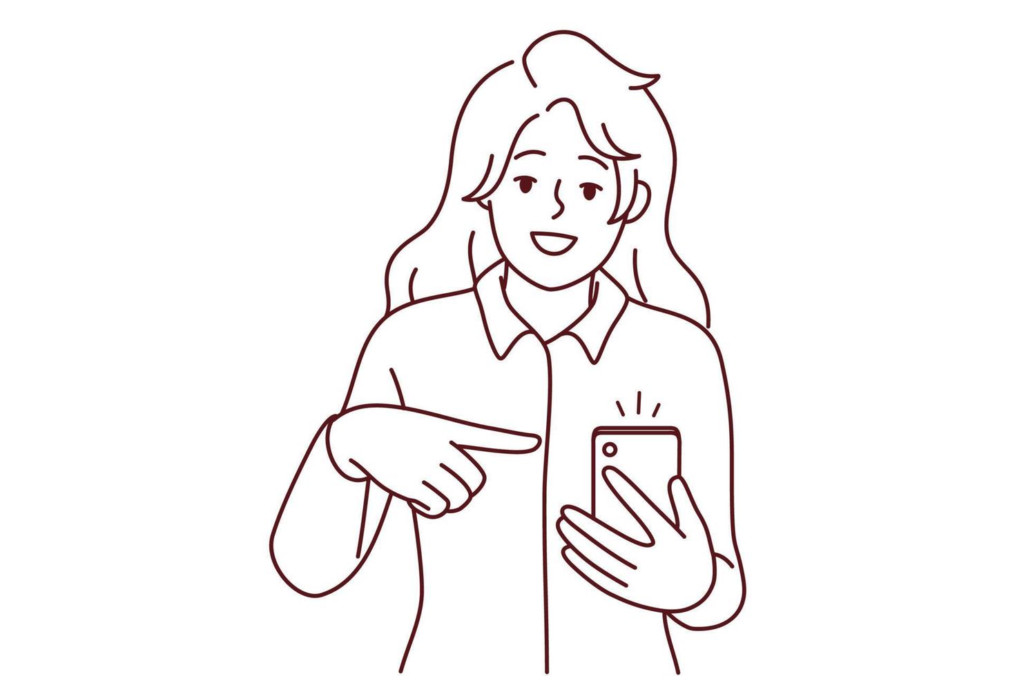 Smiling woman point at mobile notification vector