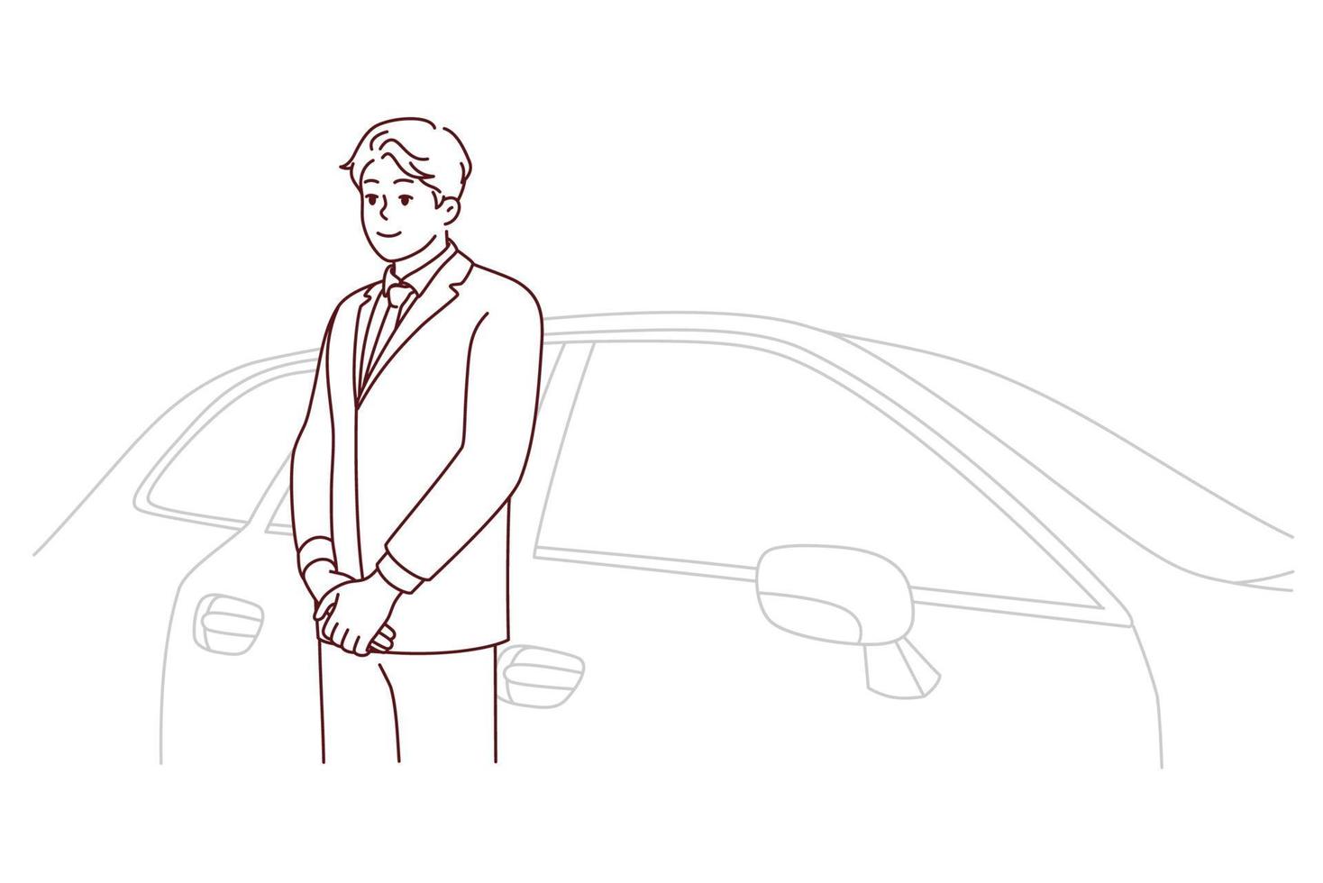 Car driver in suit standing near car vector