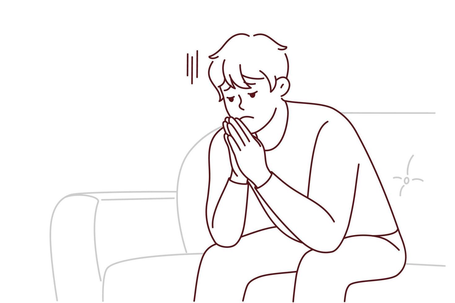 Unhappy man sit on sofa feeling stressed vector